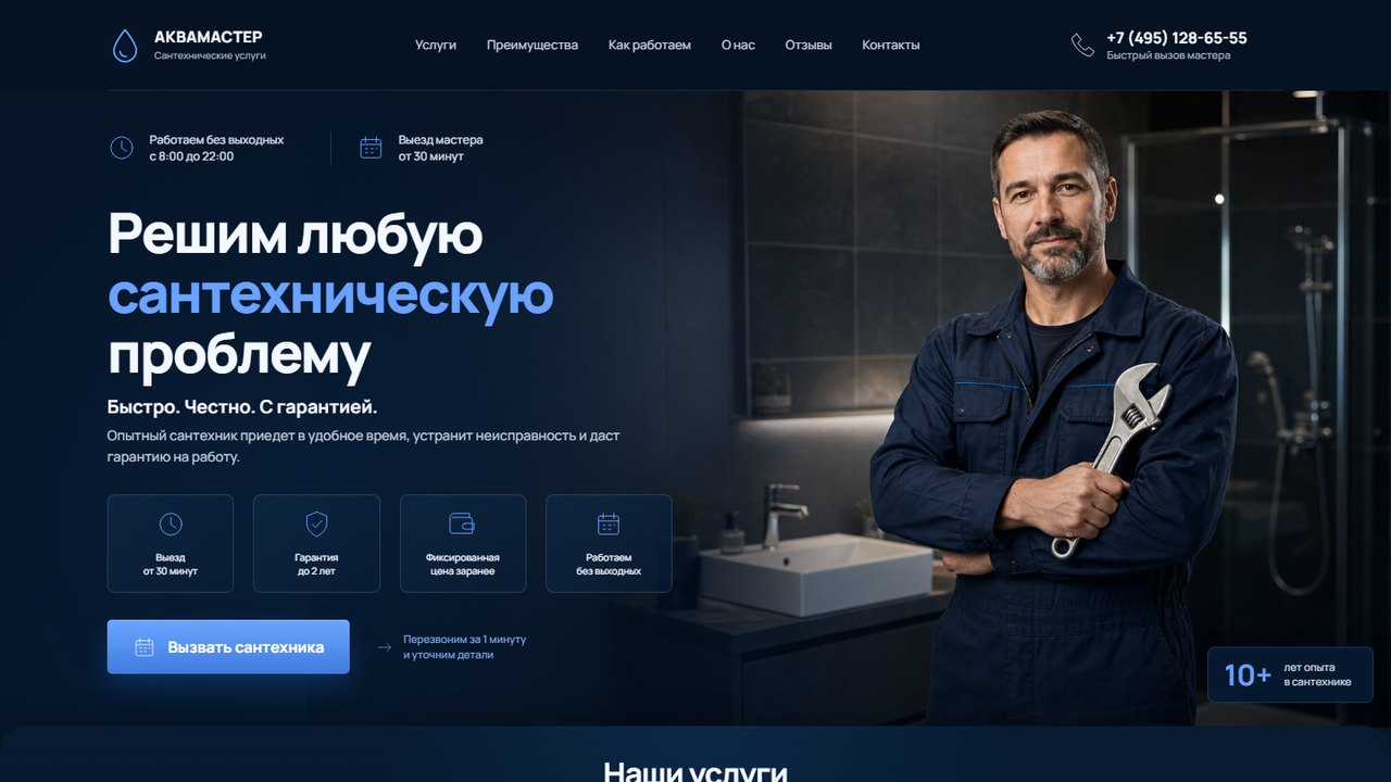 Превью шаблона АКВАМАСТЕР — сайт услуг сантехника