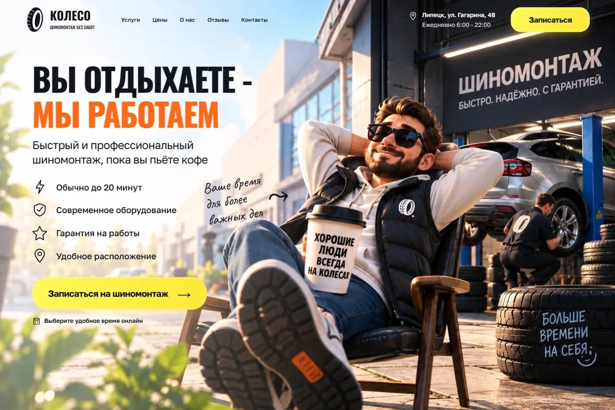 Первый экран шаблона «Колесо - шаблон сайта шиномонтажа с калькулятором». Готовый шаблон сайта шиномонтажа с калькулятором.