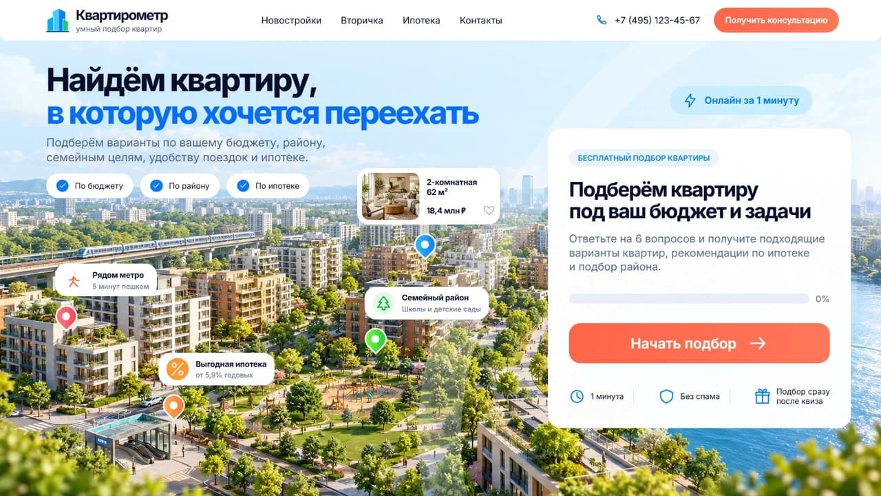 Первый экран шаблона «Квартирометр - квиз для подбора квартир». Квартирометр - квиз для подбора квартир.
