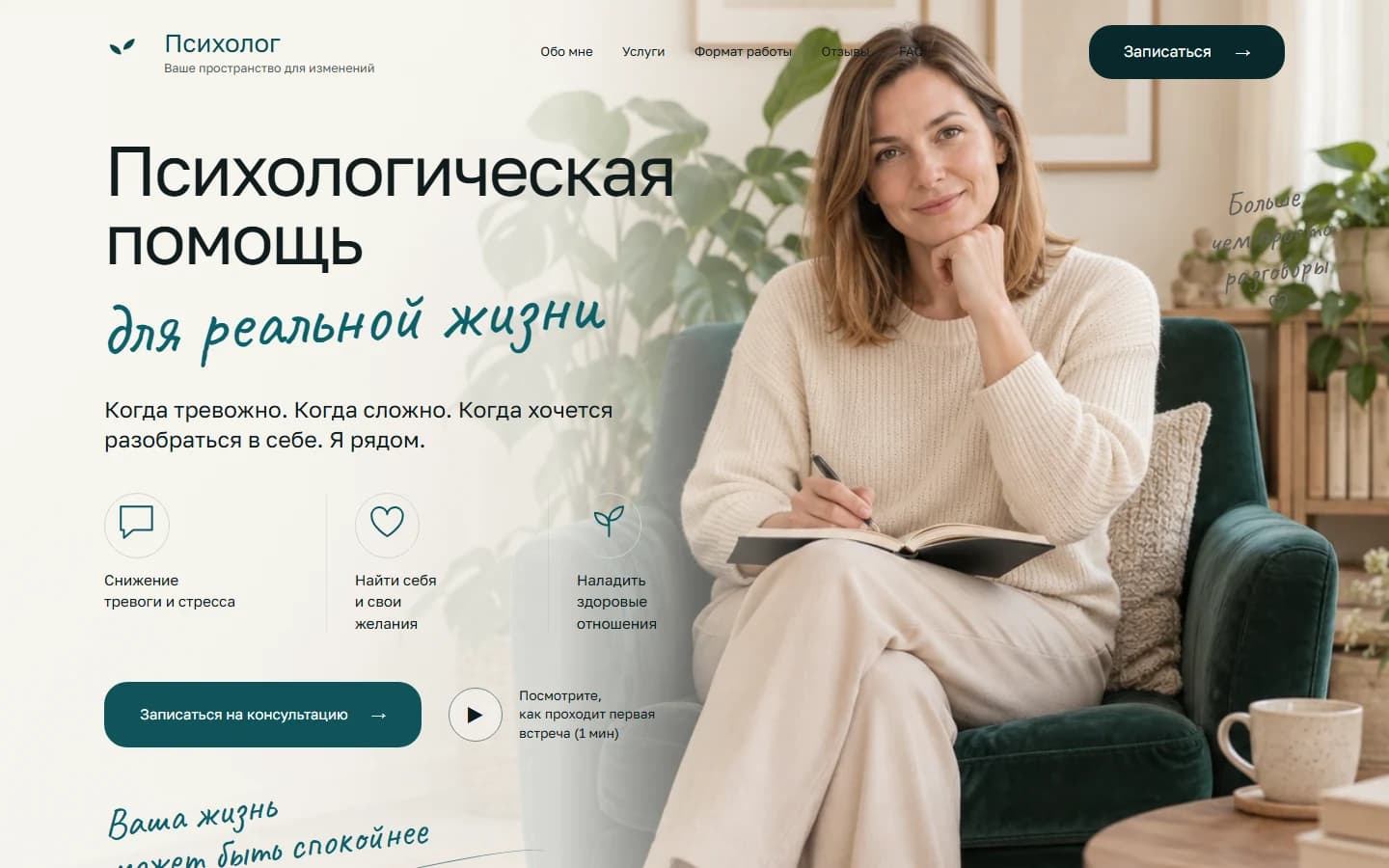 Первый экран шаблона «Анна - шаблон сайта психолога». Купить шаблон сайта психолога на WordPress.