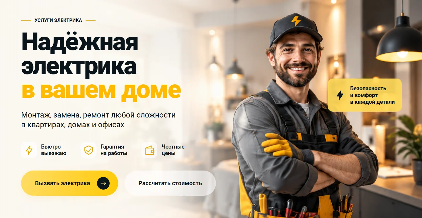 Первый экран шаблона «Электрик Комфорт - шаблон сайта услуг электрика». Электрик Комфорт - шаблон сайта услуг электрика.