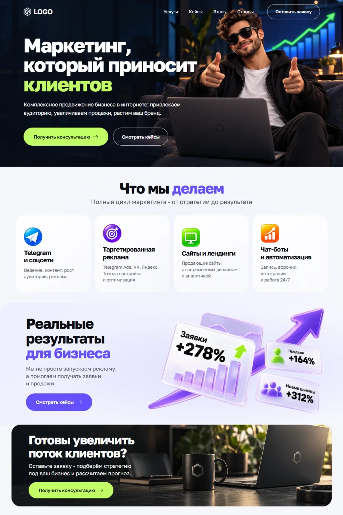 Первый экран шаблона «Маркетинг - агентство роста клиентов». Маркетинг - агентство роста клиентов.