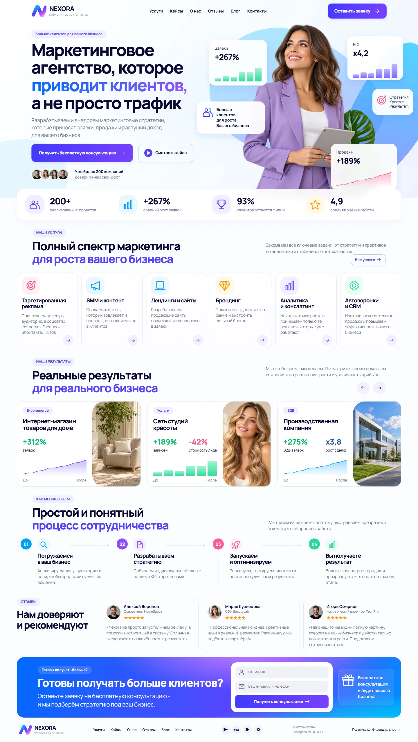 Первый экран шаблона «NEXORA - сайт маркетингового агентства». NEXORA - сайт маркетингового агентства.