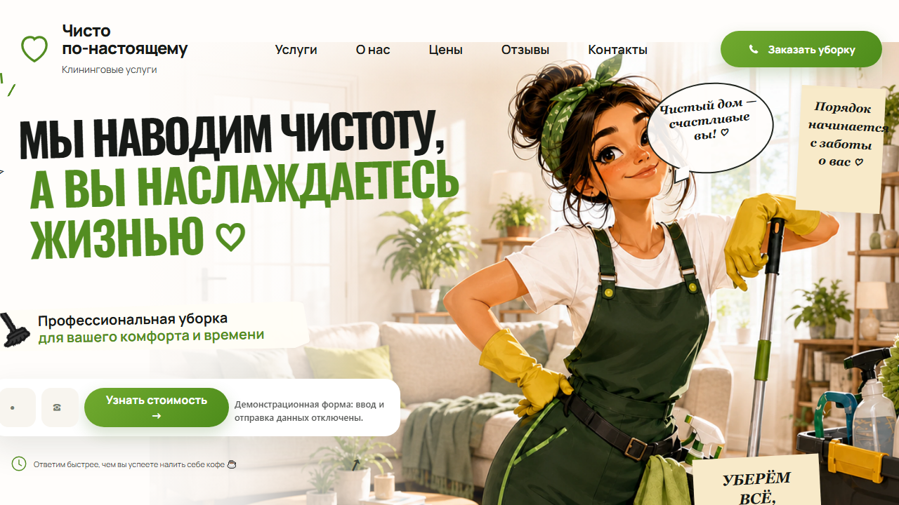 Первый экран шаблона «Чисто по-настоящему - сайт клининговой компании». Сайт клининга под ключ.