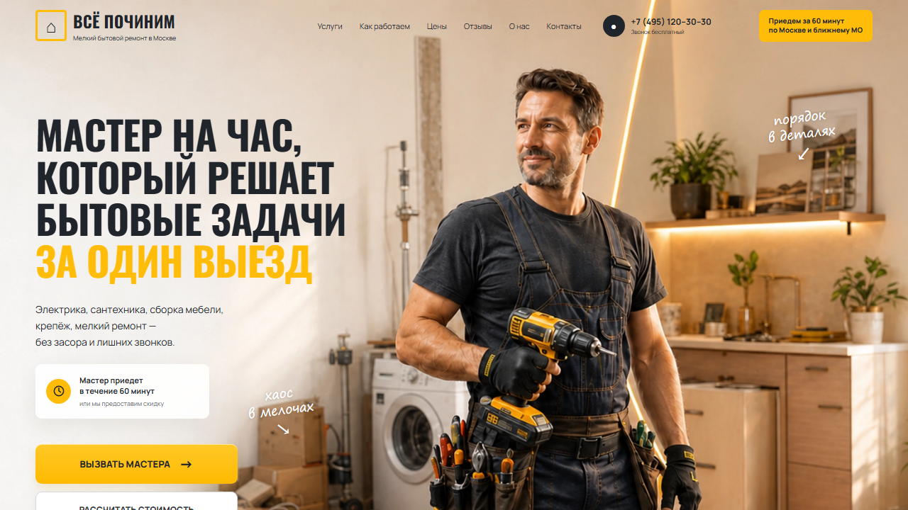Первый экран шаблона «ВСЁ ПОЧИНИМ - сайт «Муж на час»». Сайт муж на час с каталогом услуг.