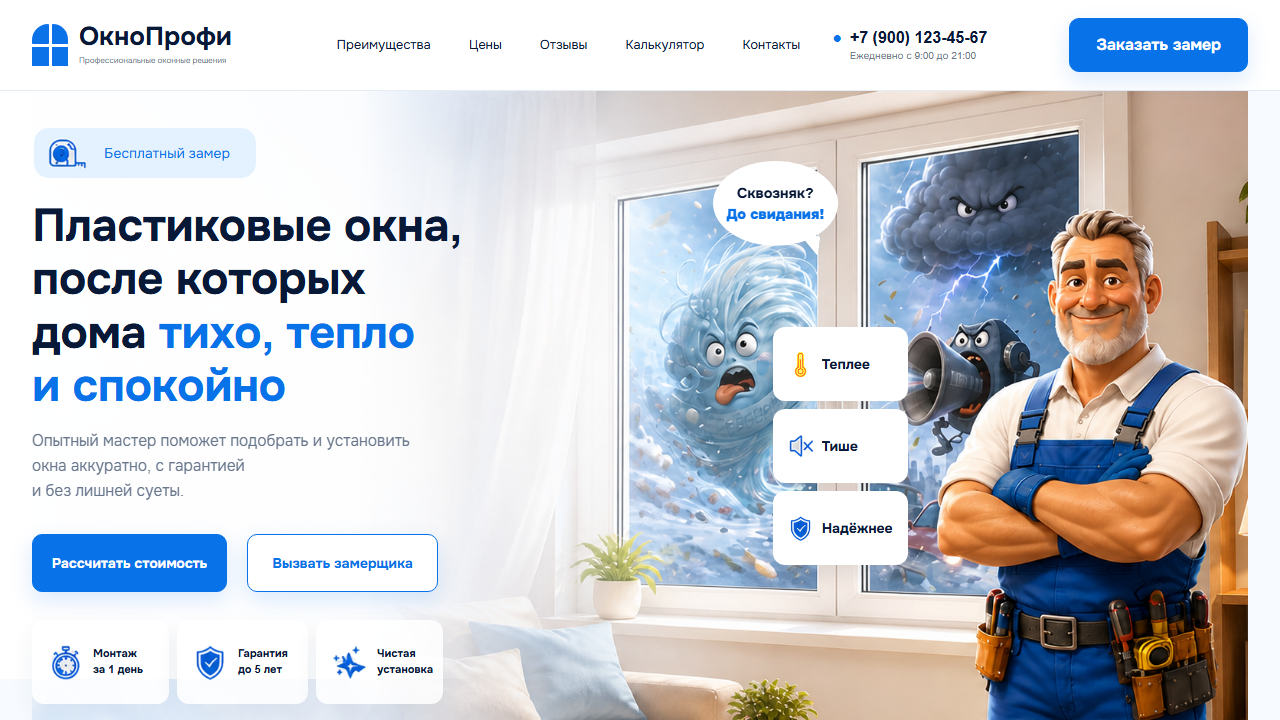 Первый экран шаблона «ОкноПрофи - сайт оконной компании». Сайт оконной компании с замером.